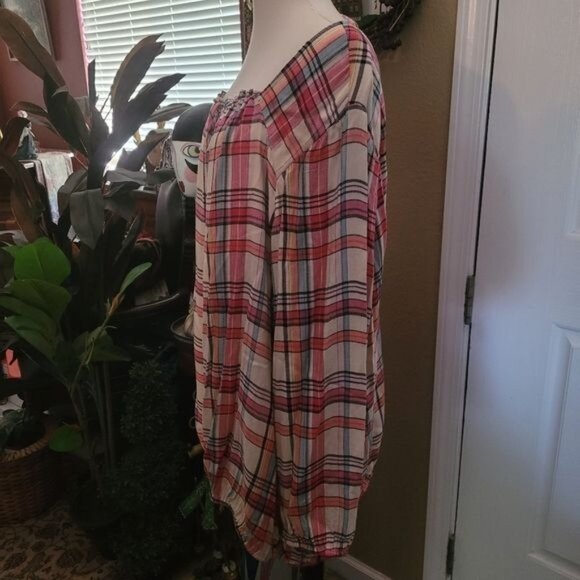 Lane Bryant Popover Top Tunic Pink White Plaid Cottage Western Size 26 28 SOFT - Picture 4 of 8